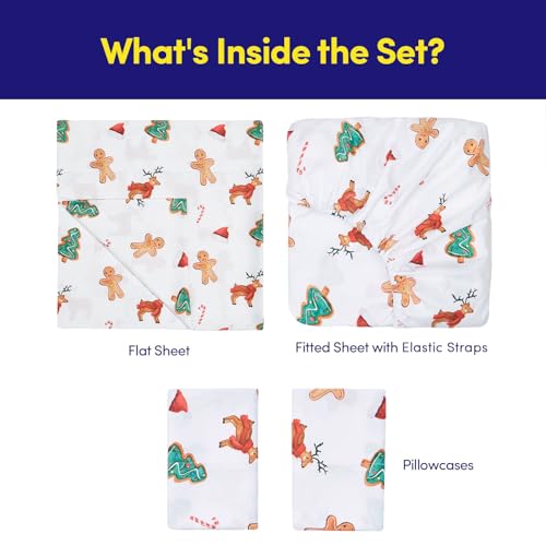 Sweet Home Collection Holiday Cookies California King Sheets with Built‑in Straps – Festive Winter Bedding