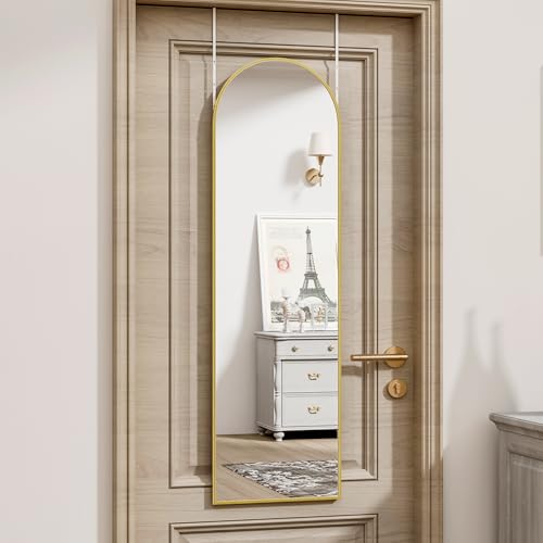 Arched Full Length Door Mirror - 14" x 48" Over the Door Wall Mirror, Gold