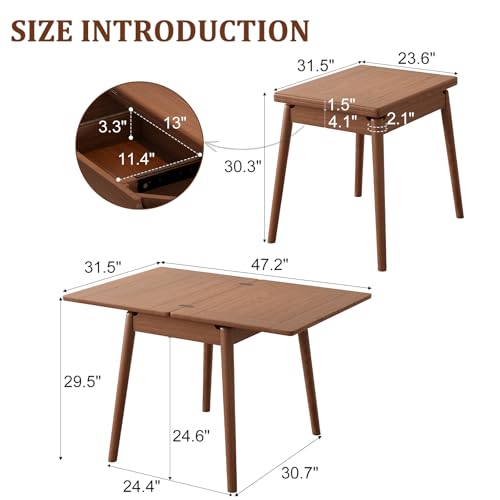Solid Wood Expandable Dining Table for Small Spaces, 23.6" to 47.2" Walnut