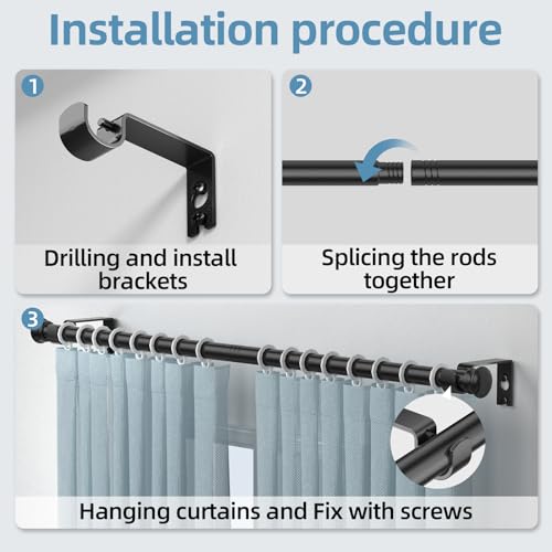 Adjustable Black Curtain Rod 30-45 Inches, Heavy Duty Metal Window Rod Set