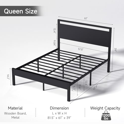 Queen Bed Frame with Wooden Headboard and Footboard, Metal Platform Bed
