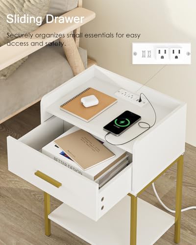 Modern 3-Tier Bedside Nightstand with Charging Station and Storage Drawer