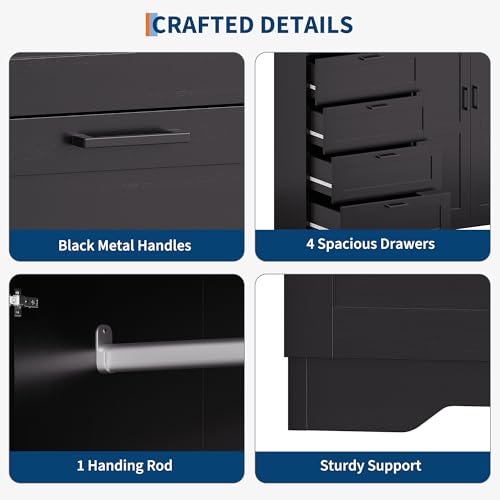 43-Inch Wardrobe Closet with 4 Drawers and Hanging Rod, Black