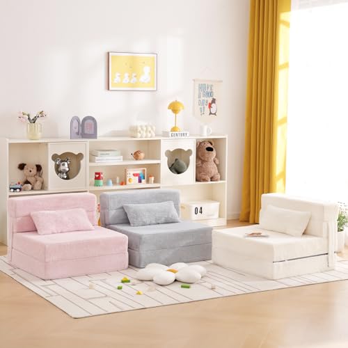 Pink Plush Foldable Kids Sofa Bed with Pillow - Washable Floor Couch for Children