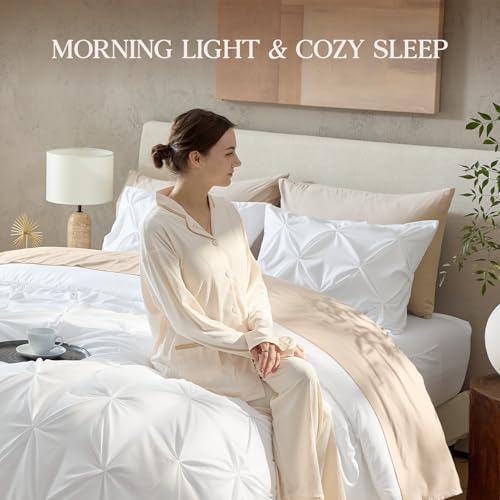 Queen White Pinch Pleat Comforter Set - 3 Piece All-Season Bedding Set
