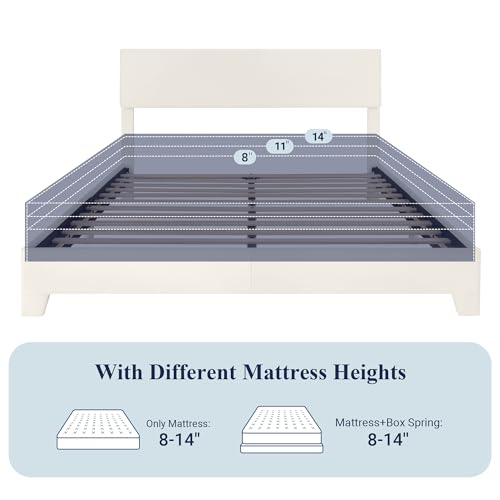 Full Size Upholstered Platform Bed Frame with Adjustable Headboard, White