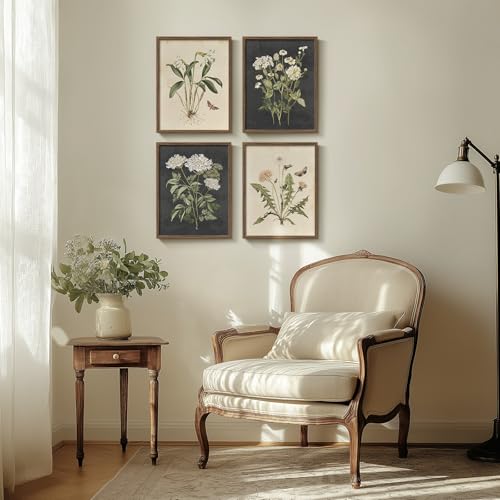 Vintage Botanical Floral Wall Art, 4-Piece Framed Rustic Canvas Set 8x10