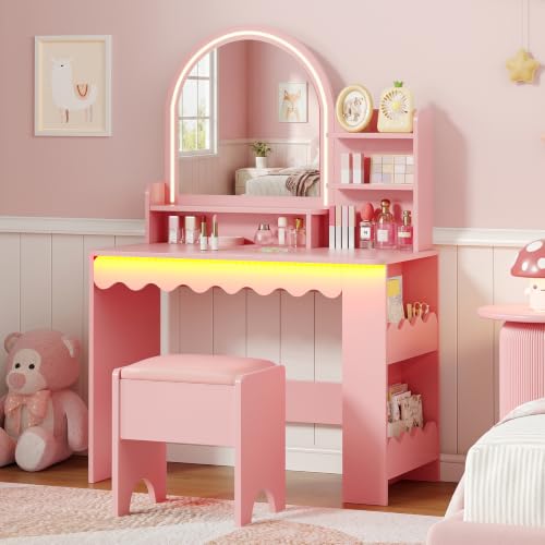 Kids Vanity Desk with LED Mirror, Bookshelf, and Chair Set - Pink