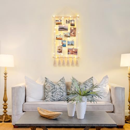 Macrame Wall Hanging Photo Display with LED String Lights & 30 Clips