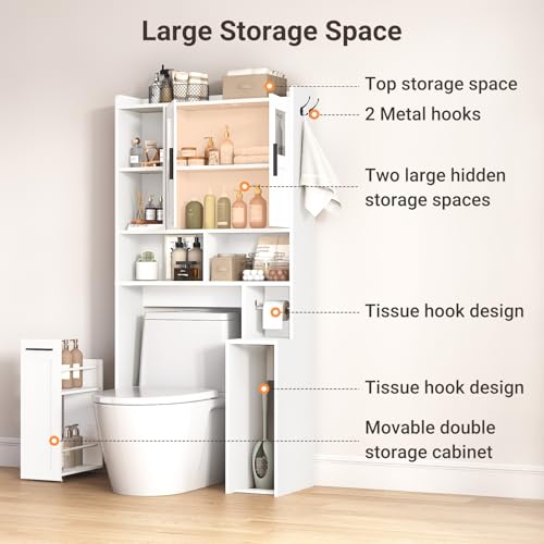 ELYKEN White Over The Toilet Storage Cabinet with Acrylic Doors & Pulley - Space-Saving Bathroom Organizer
