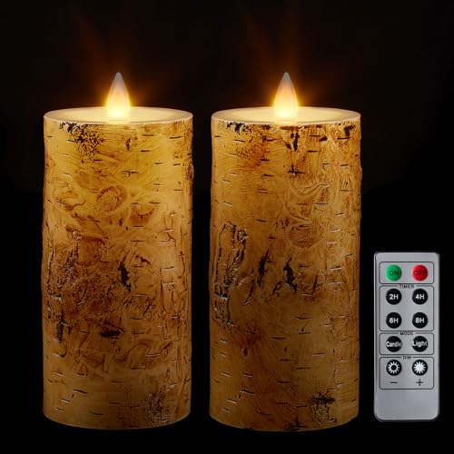 CozierGlow Birch Bark Flameless Candles with Remote, 3D Moving Flame, 2-Pack, 6-Inch Battery-Operated