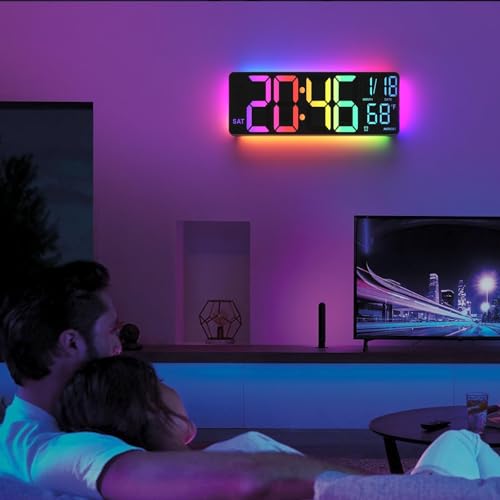 YISILE 13-Inch Black Digital Wall Clock with Night Light, RGB Colors, Dual Alarms & Voice Control