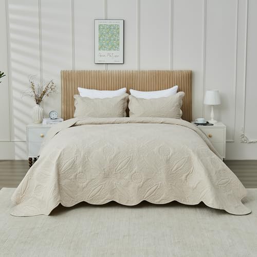Oversized King Bedspread Set 128x120 - Ultrasonic Quilted Beige Coverlet