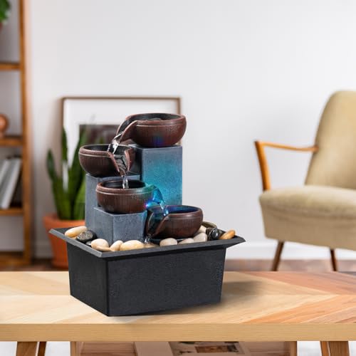 4-Tier Tabletop Indoor Waterfall Fountain with LED Light & River Rocks