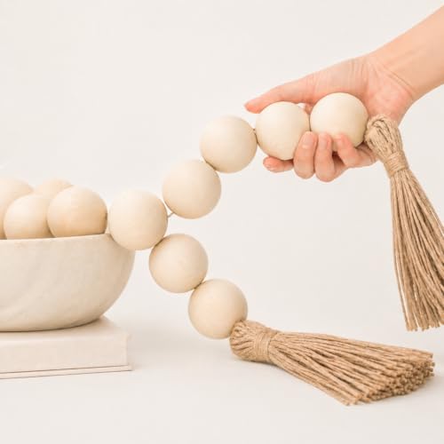 Extra Large Wood Bead Garland with Tassels - 41-Inch Rustic Farmhouse Decor