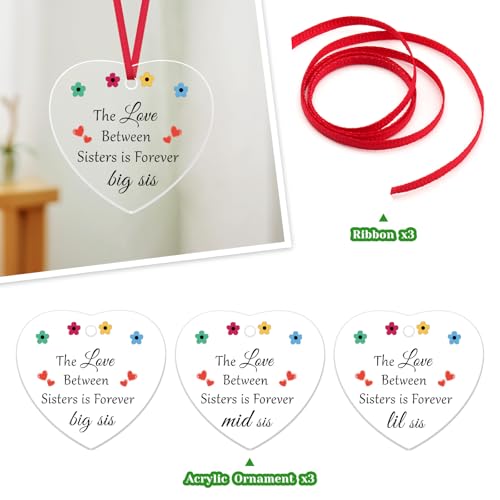 Gevody 3-Piece Sister Gifts Set Christmas Ornaments Heart Acrylic Decor