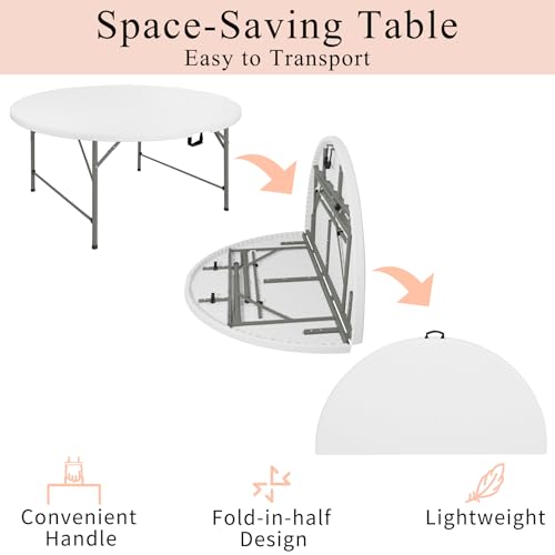 5ft Round Folding Table, Portable Heavy Duty HDPE Banquet Table with Handle
