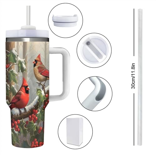 Christmas Red Birds 40oz Insulated Stainless Steel Tumbler with Lid & Straw - Dewoofly