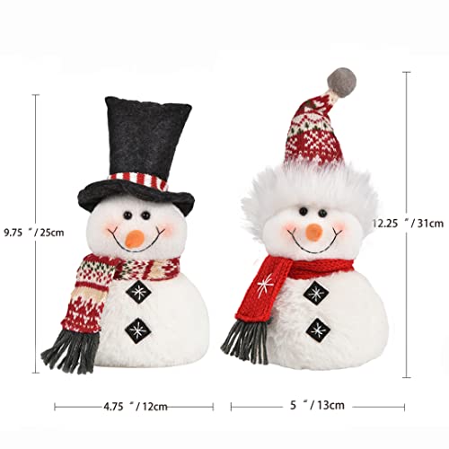 Worldeco 2-Piece Christmas Snowman Plush Decor, Red Hat Adjustable Bowler, 9.75in & 12.25in