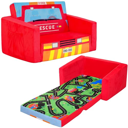 2-in-1 Kids Sofa Bed - Fold-Out Toddler Couch and Recliner, Fire Truck