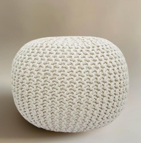 Hand Knitted Round Cotton Pouf - 20x14 Inch Ivory Floor Ottoman Footrest