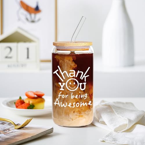 Thank You for Being Awesome Glass Can Cup with Lid and Straw, 18oz