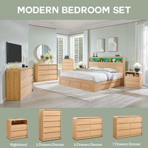 Modern Curved Wood Nightstand with 2 Drawers and Charging Station