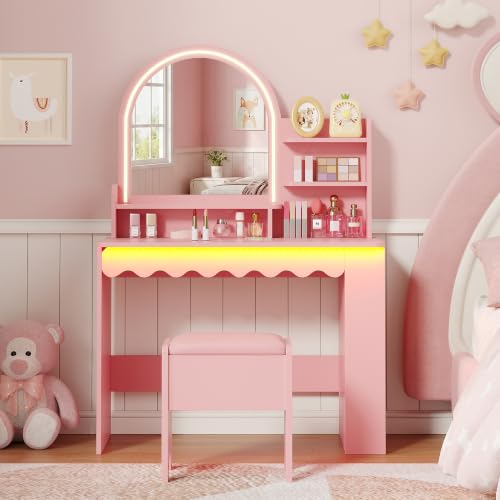 Kids Vanity Desk with LED Mirror, Bookshelf, and Chair Set - Pink
