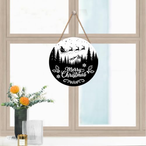 Winter-Merry Christmas Black 12x12 Inch Wooden Door Sign with Snowflakes & Trees