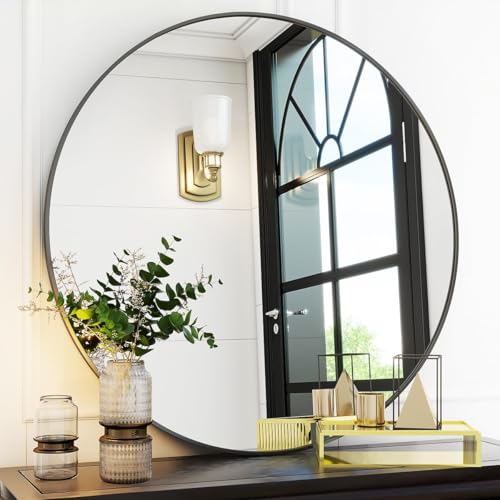 30-Inch Round Bathroom Mirror, Black Metal Frame Wall Mirror