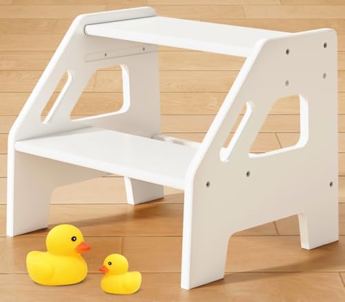 Harwaya White Wood Toddler Step Stool for Bathroom Sink, 2 Step Kids Stool for Toilet Potty Training, Baby Child Stepping Stool with Handles for Toddlers Nursery Kitchen Counter (White)