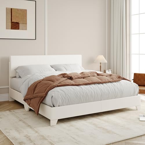 Full Size Upholstered Platform Bed Frame with Adjustable Headboard, White