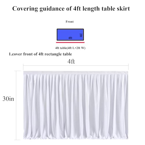 4ft Ruffle Table Skirt, Pleated White Table Cover for Parties and Events