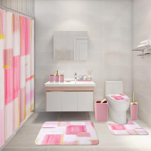 Complete Pink and Gold Bathroom Accessory Set with Shower Curtain and Rugs