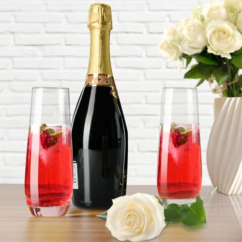 PARACITY Set of 2 8oz Stemless Champagne Flutes - Hand Blown Clear Glass for Cocktails & Sparkling Wine