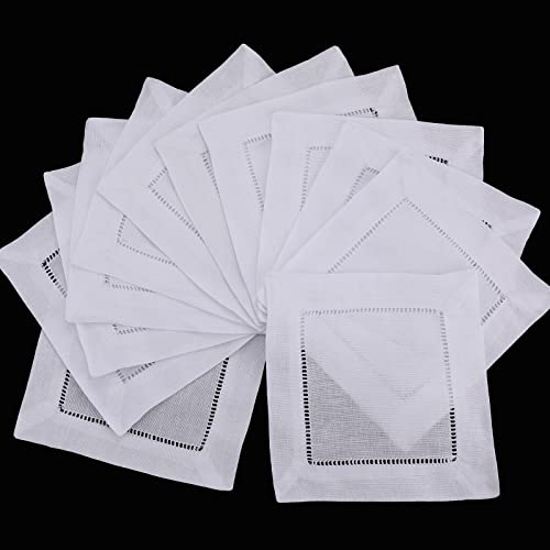 White Linen Cocktail Napkins 12 Pack Hemstitch Washable Cloth 6x6 Inches