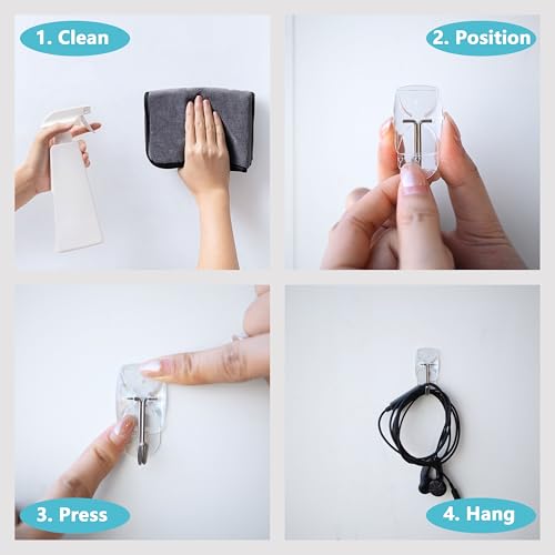 Clear Adhesive Wall Hooks, Damage-Free Hanging Hooks - 15 Pack with 30 Strips