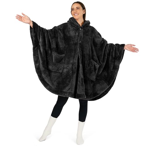 Sherpa Wearable Hooded Blanket Poncho with Pockets - Soft Fuzzy Wrap