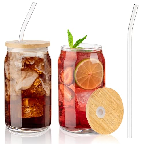 16 oz Glass Cups with Bamboo Lids and Straws - Set of 2 Reusable Tumblers