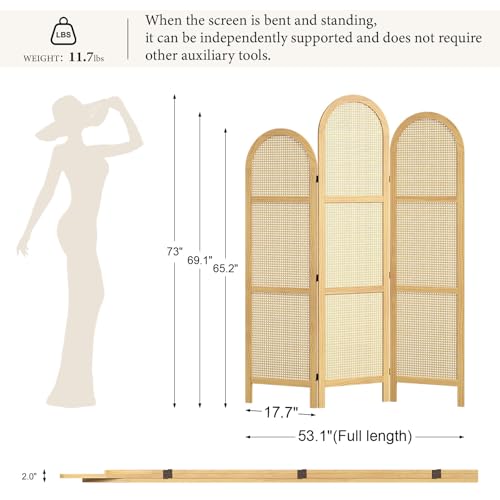 3-Panel Hand-Woven Rattan Room Divider, Tall Foldable Privacy Screen