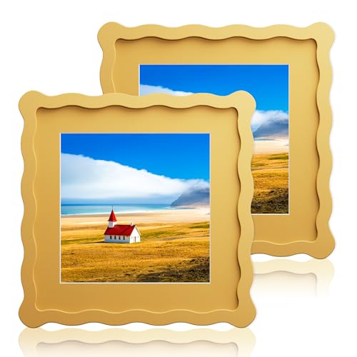 Chrspk 8x8 Yellow Wavy Picture Frame with 6x6 Mat, Real Glass