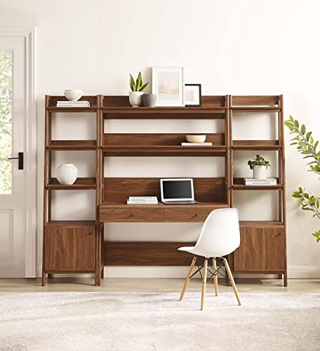 Modway Walnut 3-Piece Office Desk and Bookshelf Set - Modern Home Office Furniture