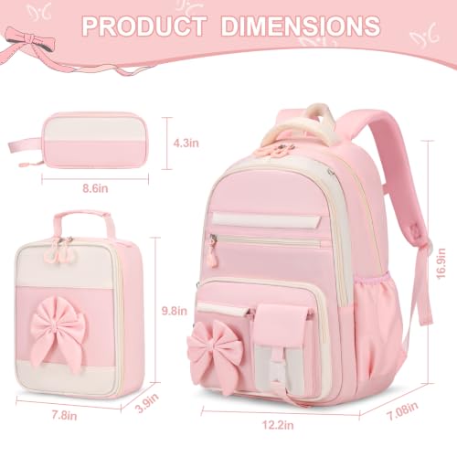 Cute Bow Girls School Backpack 3-Piece Set with Lunch Bag & Pencil Case