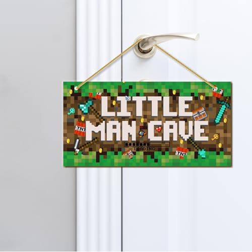 Little Man Cave Pixel Gaming Door Sign - Wooden Gamer Room Wall Decor