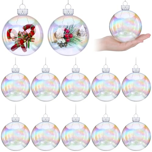 12-Pack Clear Fillable Iridescent Ornaments - 4" Shatterproof Tree Balls