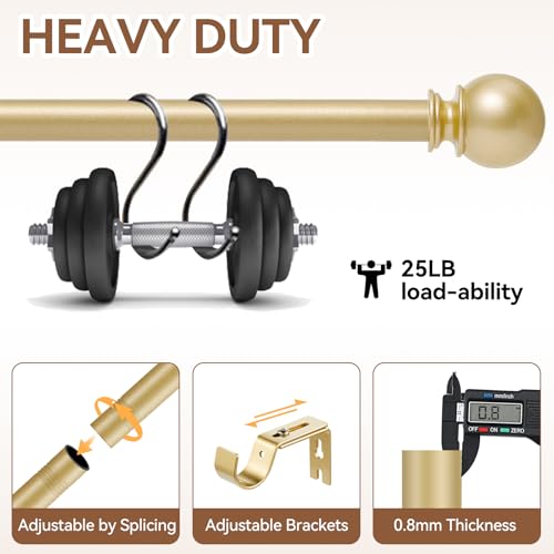 Gold Adjustable Curtain Rod 28-48 Inch - 5/8" Heavy Duty Metal Drapery Rod