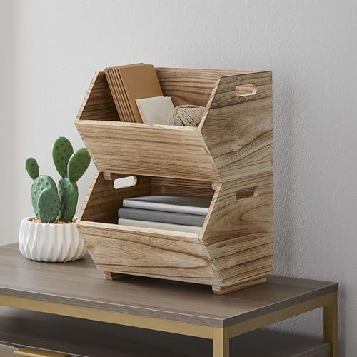 Natural Wood Stackable Storage Bins, Open Front Organizing Crates, Set of 2
