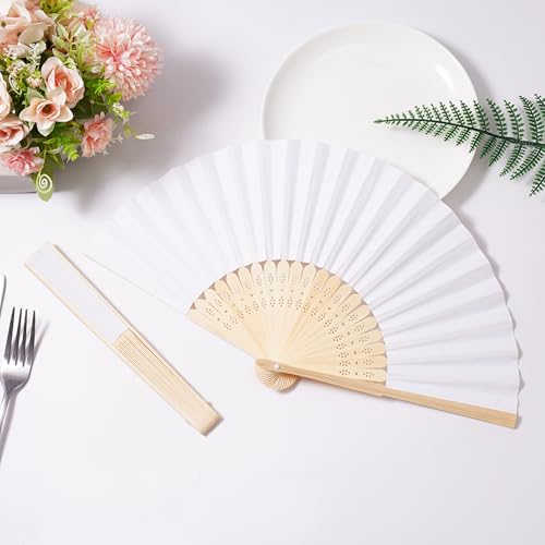 50-Pack White Bamboo Paper Folding Fans for Weddings and DIY Crafts