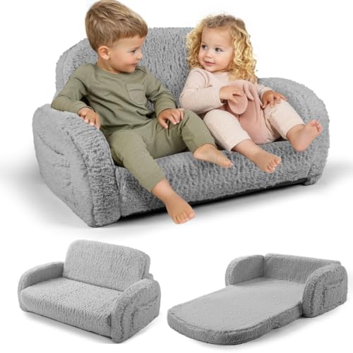 2-in-1 Sherpa Fold Out Kids Couch - Convertible Foam Sofa Chair, Gray
