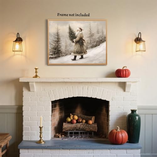 Vintage Santa Claus Prints 8x12 Unframed – Snowy Forest Rustic Holiday Poster, Style-5